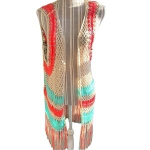 Frazzle crocheted duster, size L, lightweight, pretty spring colors
